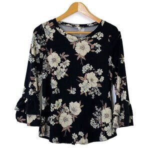 Persay Pullover Top Womens Small Round Neckline Bell Ruffle 3/4 Sleeves Black